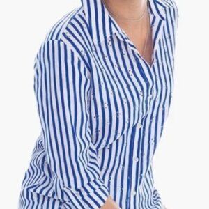 Chico’s 100Linen French Blue & White Stripe Eyelet Front Lng Tab Sleeve Roll up